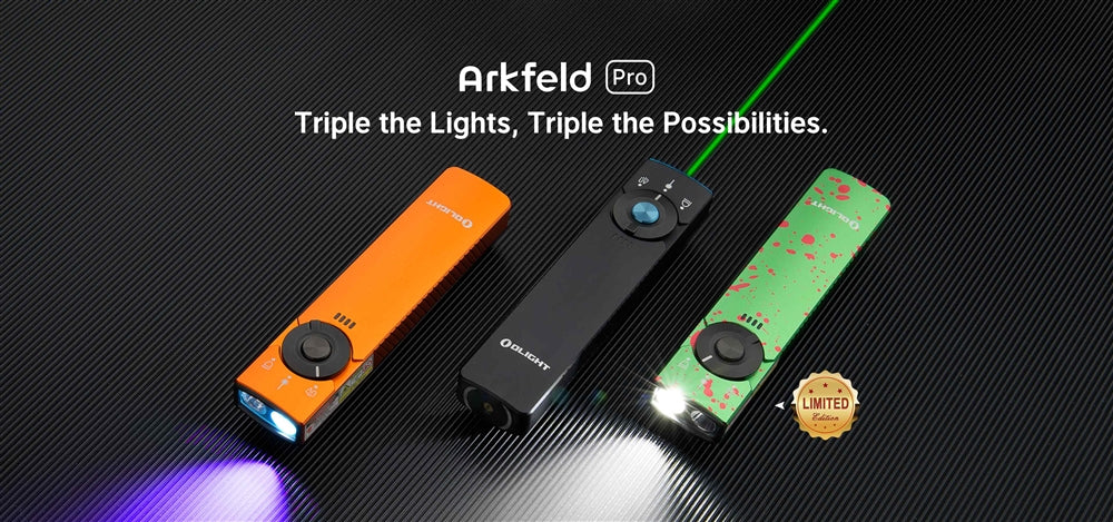 Olight Arkfeld Pro 1300 Lumen Rechargeable Flashlight with UV Light & Green Laser